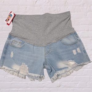 Maternity Belly care Support light blue wash distressed Denim Shorts NWT